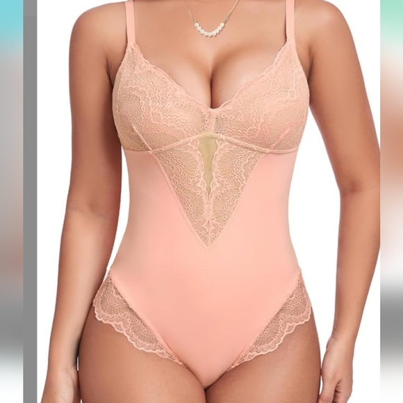 TDIFFUN Tops - TDIFFUN Womens Pink Lace Shapewear Bodysuit Tummy Control Double layered Sz L